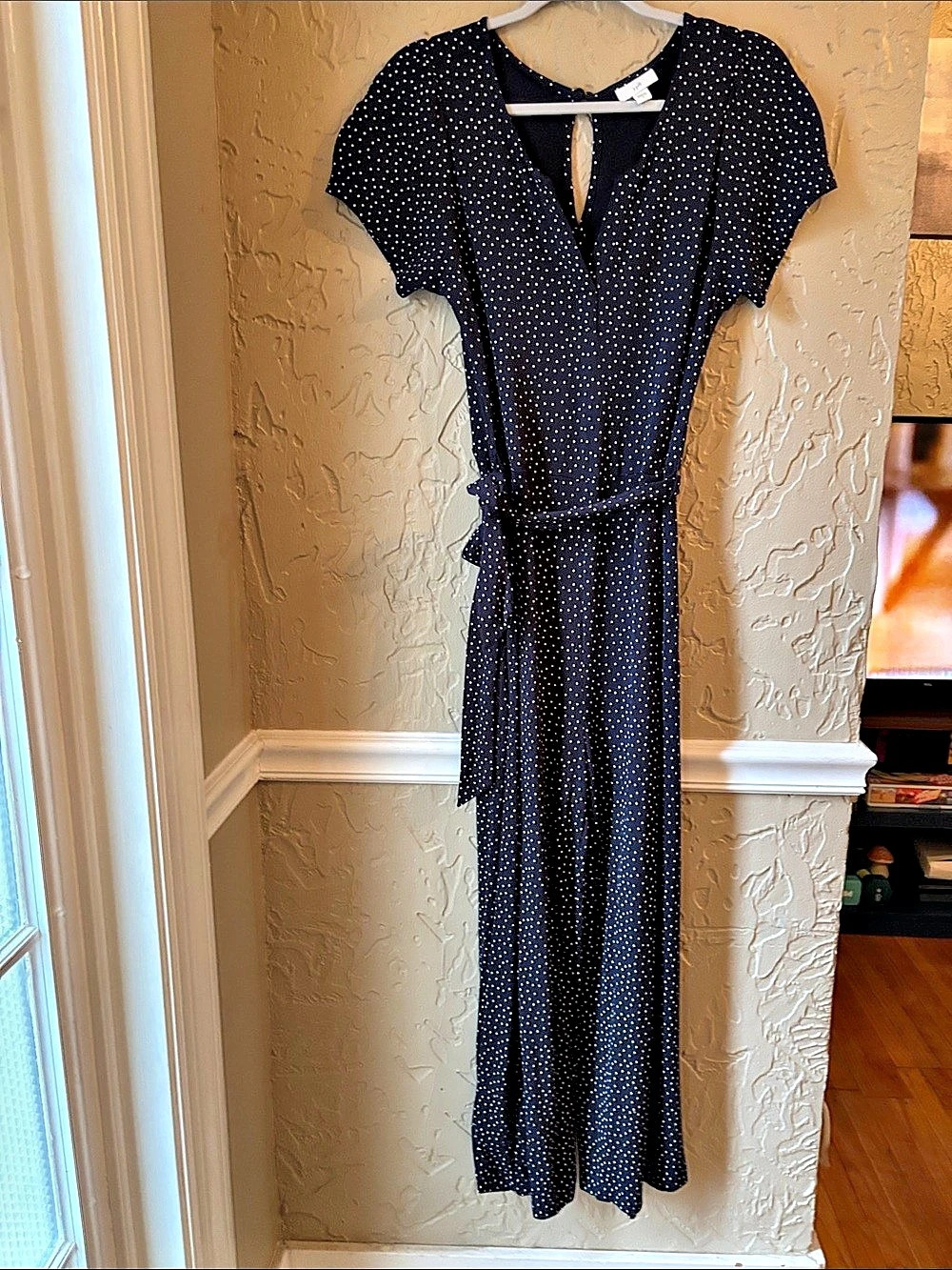 J. Jill Wearever Navy Blue Polka Dot Wide Leg Jumpsuit Belted Size Small